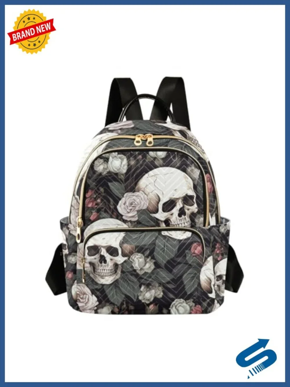 ALA White Skull Rose Flowers Nylon Small Backpack Purse Lightweight Travel